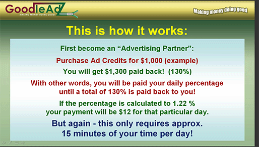 An “Advertising Partner” is promised a revenue equal to 130 %. goodleadz_promise1.gif
