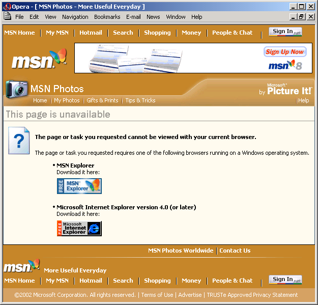 MSN Photos fungerer ikke med Opera 6.05 MSN Photos 2002