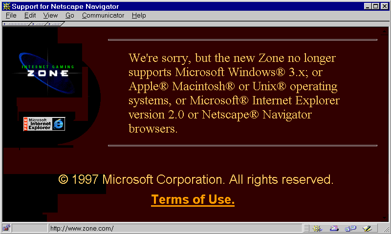 Zone gir ikke tilgang med Netscape 4.7 Zone 1997